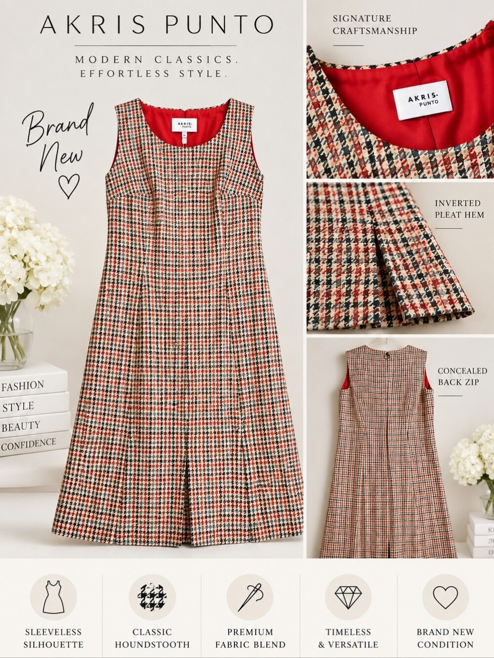 NWT $995 Akris Punto Contrast Houndstooth Dress Size 12